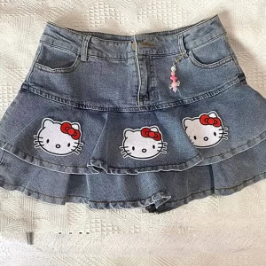 Women Hello Kitty Kawaii Mini Skirt Y2k Hot Sweet Girl Print Denim Pleated Skirts Japanese Fashion Summer Sanrio Clothes 2023