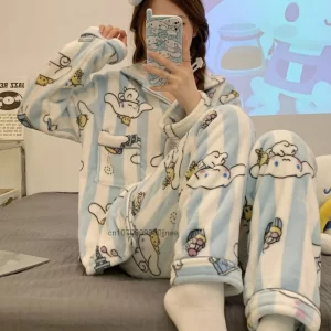 New Sleepwear Sanrio Kuromi Winter Plush Pajamas Set Women Hello Kitty Melody Cinnamoroll Home Clothes Suits Fashion Cute Pijama