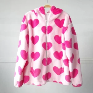 Pink Women Hoodies Sweet Heart-Shaped Loose Female Warm Sweatshirt Harajuku Zipper Thick Plush Long Sleeve Female Coat