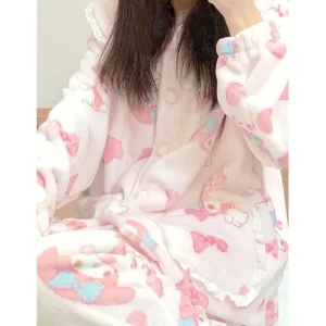 Sanrio Melody Cute Pajamas Women 2023 Autumn Winter Thick Doll Neck Pijama Sleepwear Girl Fashion Kawaii Top Pants Two-piece Set