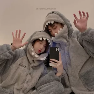 Winter Cartoon Fashion Pajamas Plush Warm Thicked Couples Home Clothes Women Shark Hooded Pajama Sets Funny Trendy Pyjama Outfit