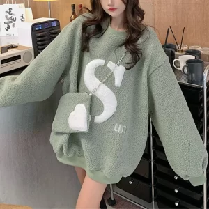 Women Lamb Sweatshirts With Bag Long Sleeve Pullovers 2024 Autumn Winter Warm Clothing O-neck Hoodies Female Loose Outerwear