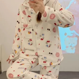 New Sleepwear Sanrio Kuromi Winter Plush Pajamas Set Women Hello Kitty Melody Cinnamoroll Home Clothes Suits Fashion Cute Pijama