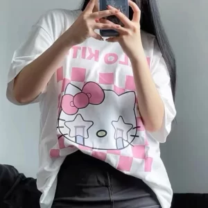 Sanrio Hello Kitty Kawaii Aesthetics Oversized T-shirt Women Y2k Graphic Short Sleeve Top Harajuku Korean Fashion Tees Clothes