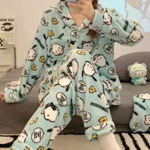 New Sleepwear Sanrio Kuromi Winter Plush Pajamas Set Women Hello Kitty Melody Cinnamoroll Home Clothes Suits Fashion Cute Pijama