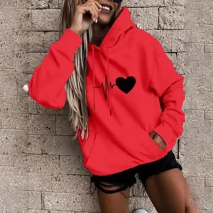 Unisex Fall Winter Hoodie Heart Print Hooded Loose Drawstring Sweatshirt Long Sleeve Pullover Thick Plush Warm Casual Hoodie