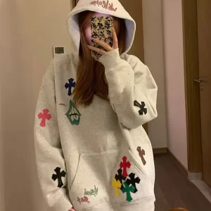 Hoodie Embroidered Colorful Cross Spring And Autumn Women'S 2024 New Popular Lazy Style Loose Plus Velvet Pullover Sweatshirt