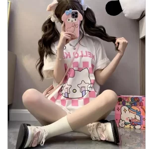 Sanrio Hello Kitty Kawaii Aesthetics Oversized T-shirt Women Y2k Graphic Short Sleeve Top Harajuku Korean Fashion Tees Clothes