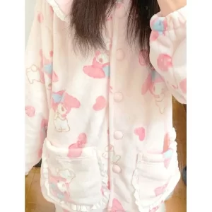 Sanrio Melody Cute Pajamas Women 2023 Autumn Winter Thick Doll Neck Pijama Sleepwear Girl Fashion Kawaii Top Pants Two-piece Set