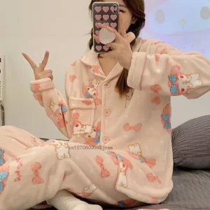 New Sleepwear Sanrio Kuromi Winter Plush Pajamas Set Women Hello Kitty Melody Cinnamoroll Home Clothes Suits Fashion Cute Pijama