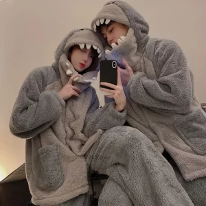 Winter Cartoon Fashion Pajamas Plush Warm Thicked Couples Home Clothes Women Shark Hooded Pajama Sets Funny Trendy Pyjama Outfit